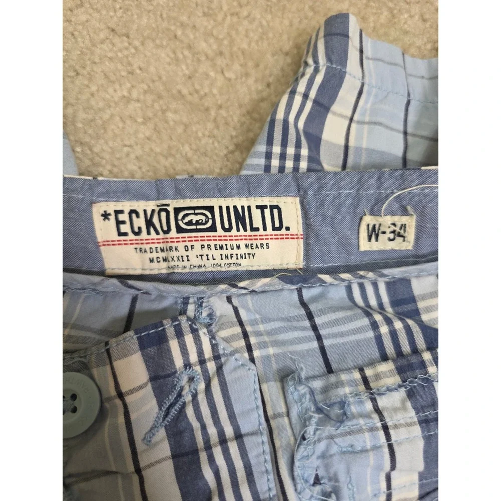 Ecko Unltd Mens Blue White Plaid Cargo Shorts Size 34 Relaxed Summer Casual